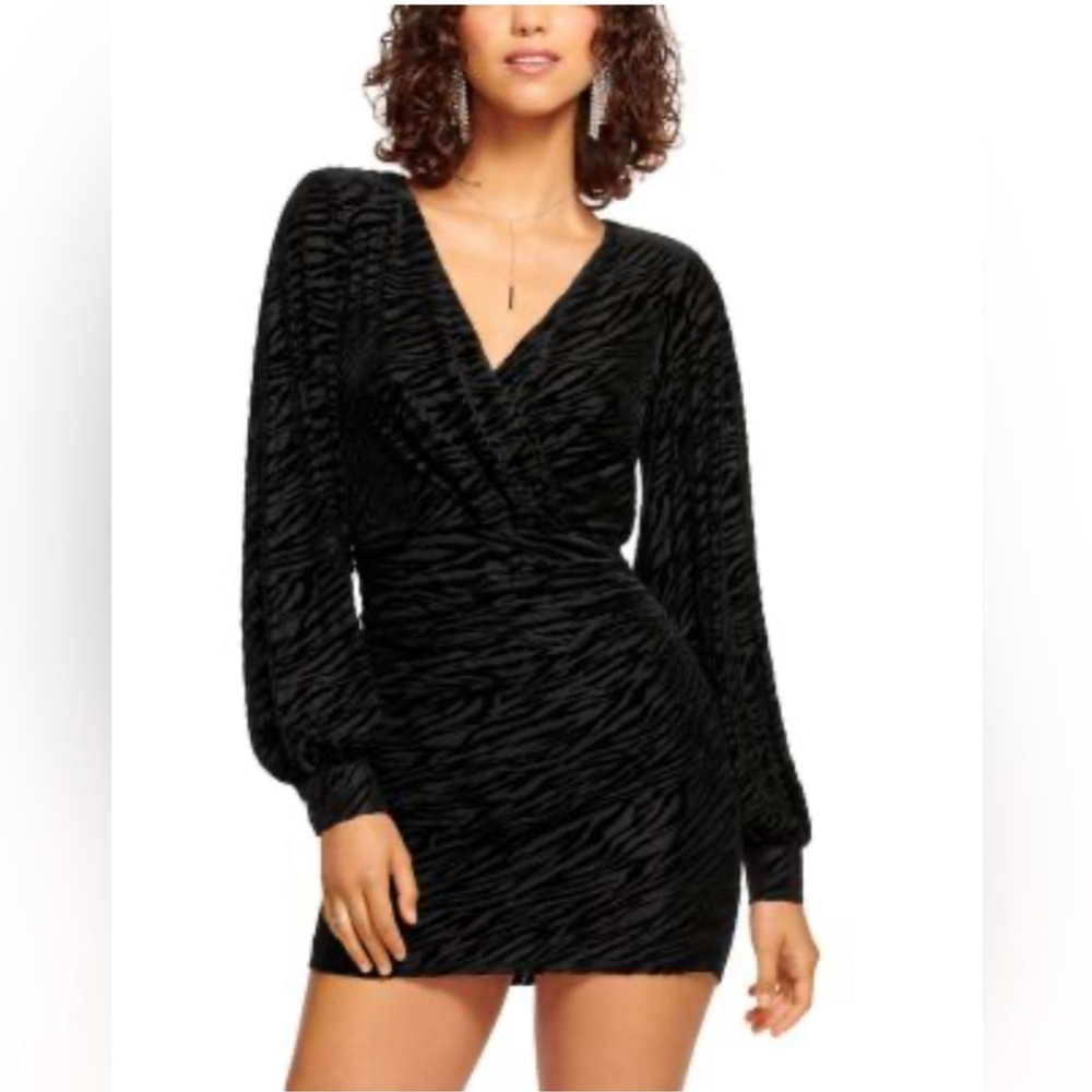 Ramy Brook Cassidy Shirred Black Zebra Long Sleeve Mini Dress